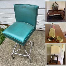 MaxSold Auction: This online auction features framed artwork, sterling silver Kokopelli pin, furniture such as dressers with mirrors, antique armchairs, accordion stowaway table, vintage Ethan Allen hutch and MCM bar stool, mantel clocks, lamps, books and much more!